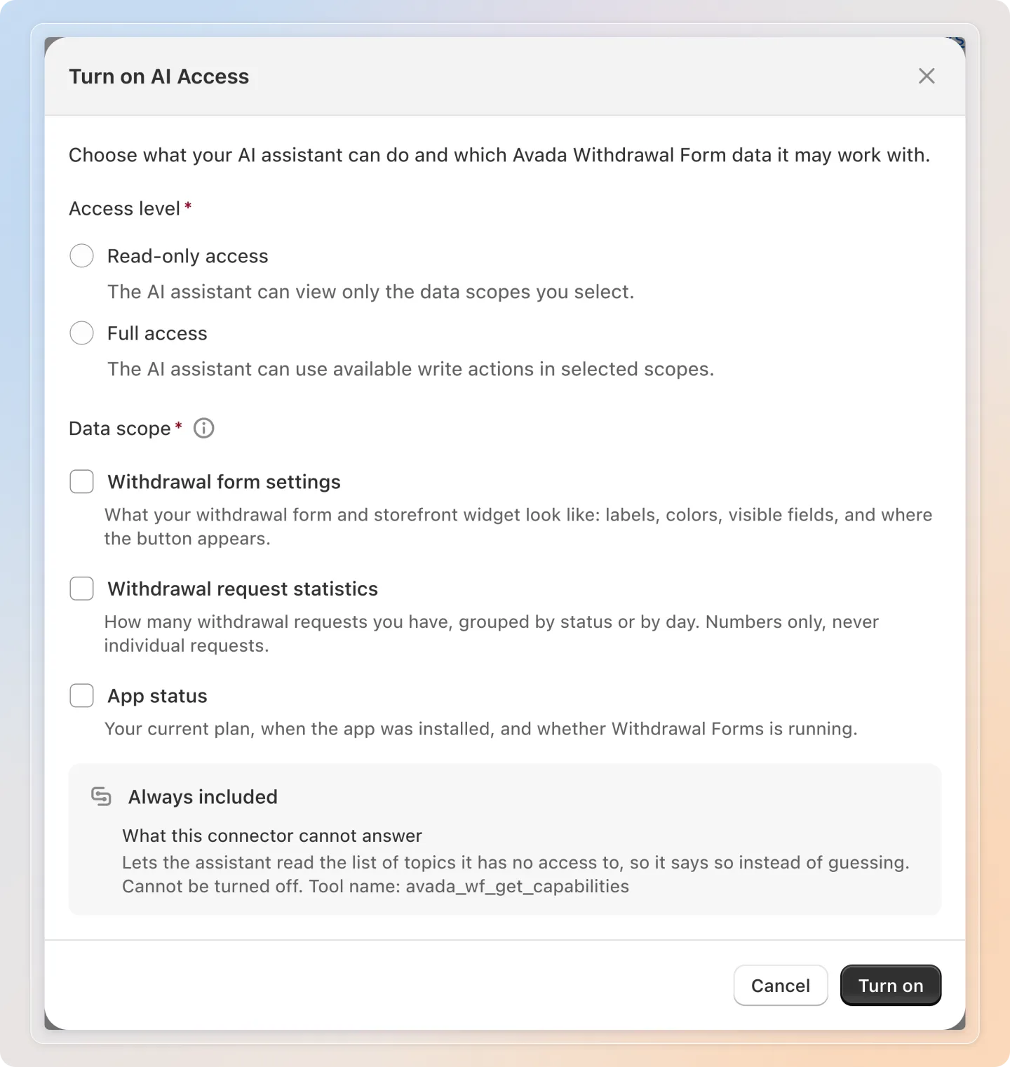 Choose the access level and the data scope