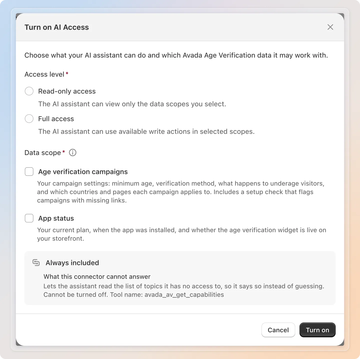 Choose the access level and the data scope