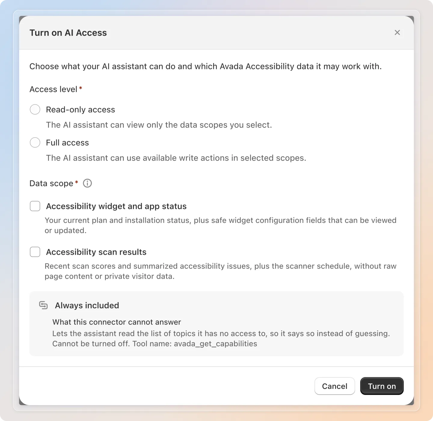 Choose the access level and the data scope