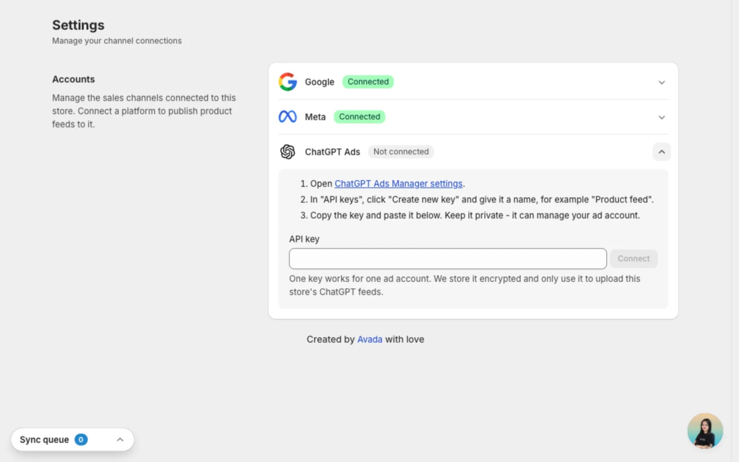 Settings, Accounts, ChatGPT Ads row with three steps to get an API key, the API key field and the Connect button