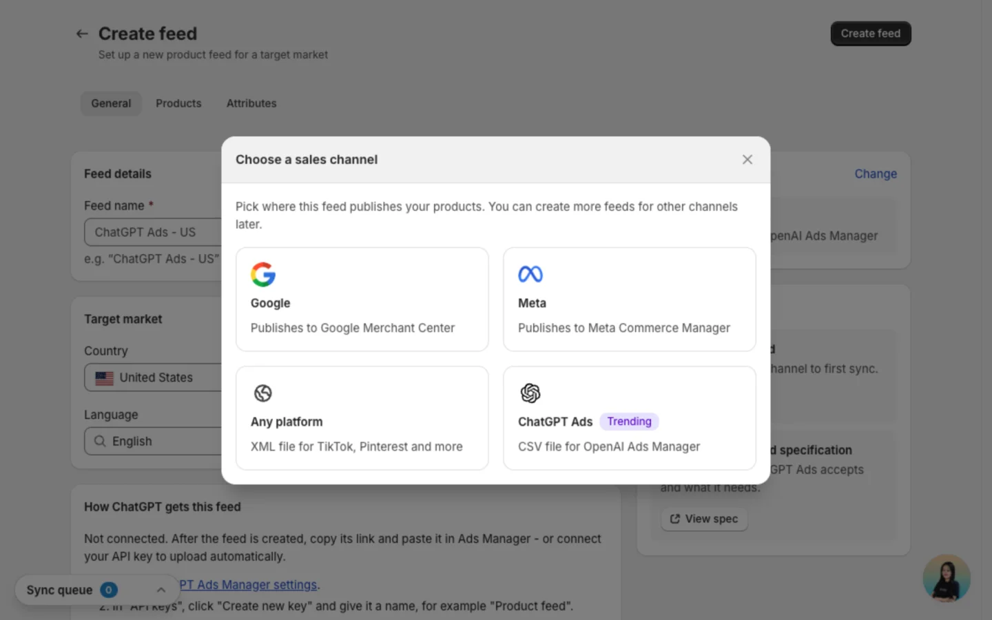 Choose a sales channel dialog with ChatGPT Ads, a CSV file for OpenAI Ads Manager