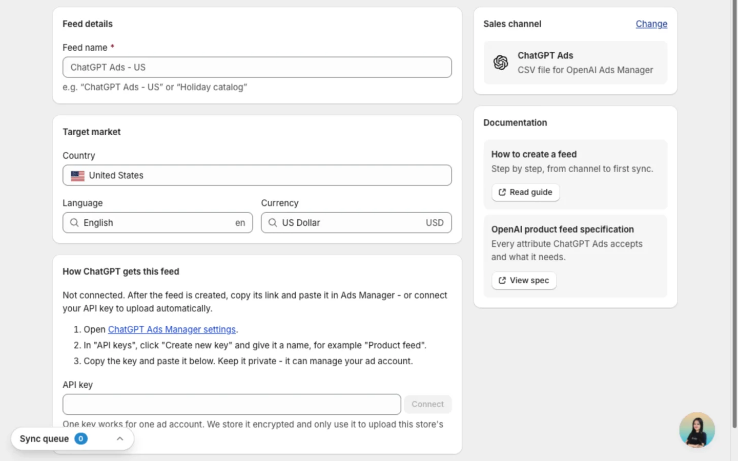 General tab of a ChatGPT Ads feed with the feed name, target market and the How ChatGPT gets this feed card