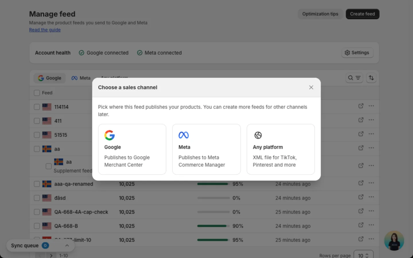 Choose a sales channel dialog with the Google, Meta and Any platform options
