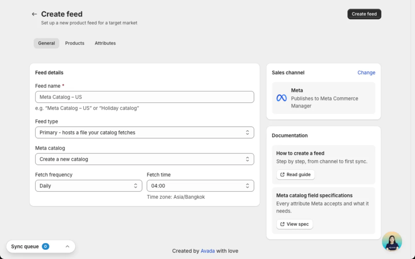 General tab of a Meta feed with the Meta catalog choice and the fetch schedule