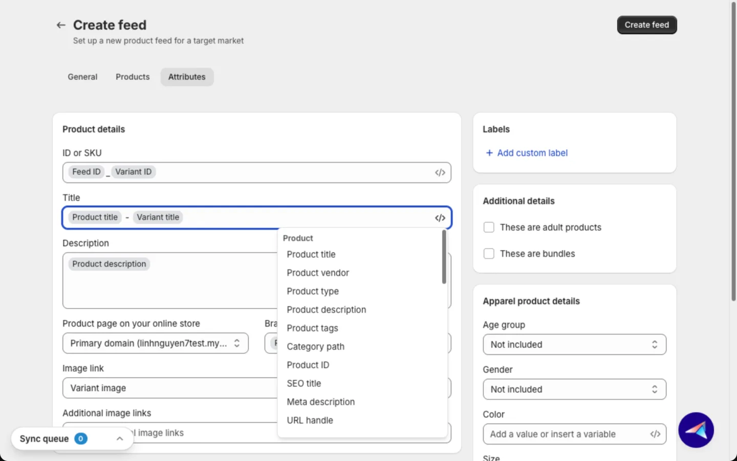 Insert variable menu open on a product detail field