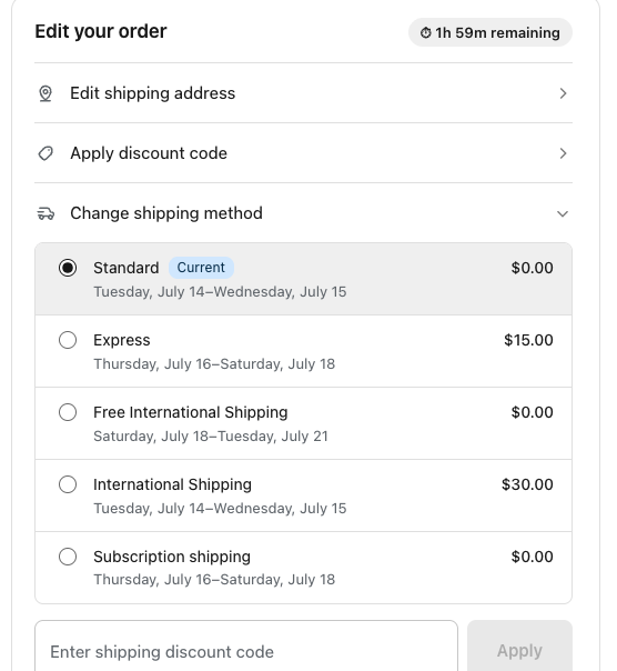 The Change shipping method panel — the current method tagged Current, alternative methods with prices and delivery estimates, and the free-shipping code field