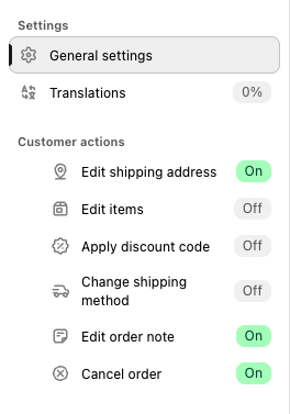 The Customer actions list in Editing rules, each row badged On or Off