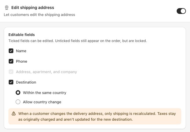 Edit shipping address settings, the Destination group with Within the same country and Allow country change