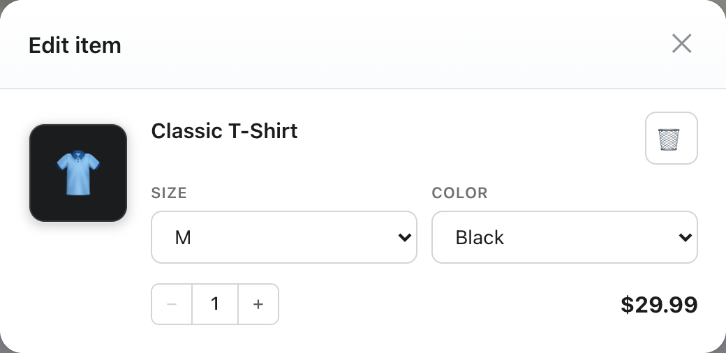 Edit item popup — change Size / Color, quantity, or remove