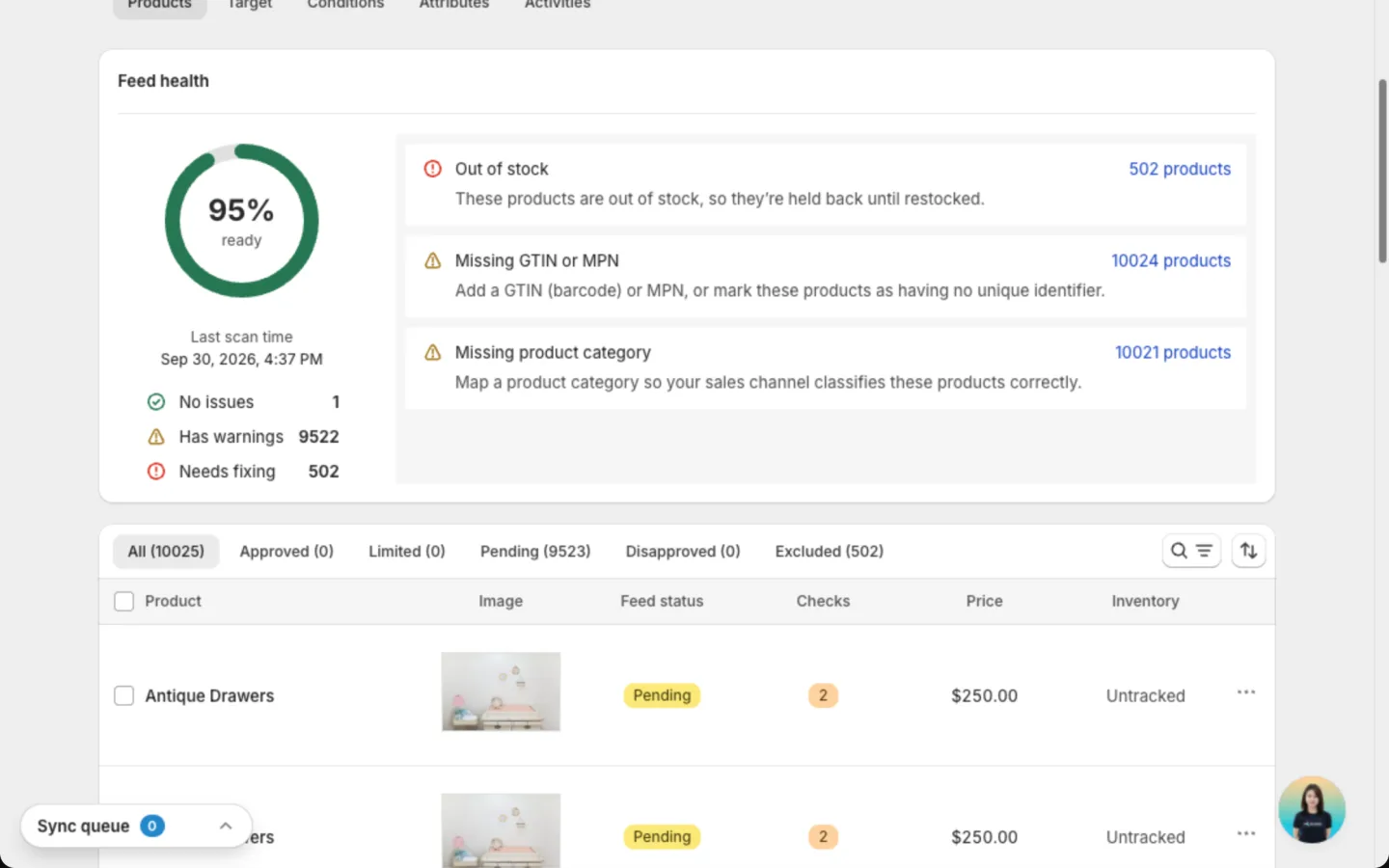 Feed health card with the ready score, the No issues, Has warnings and Needs fixing counts, and the top issues