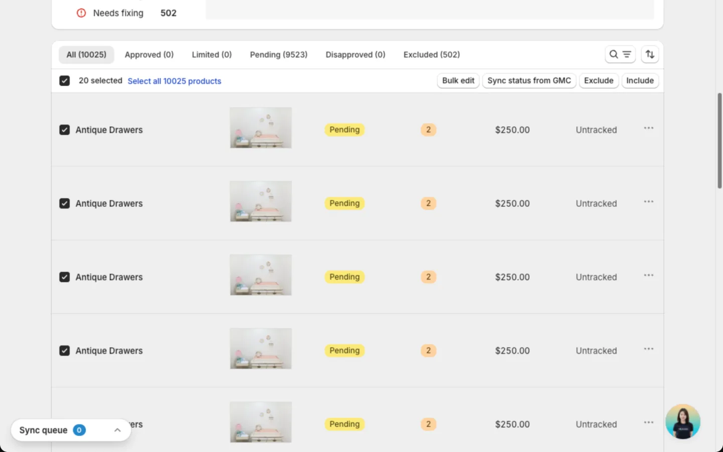 Selected products with the Bulk edit, Sync status from GMC, Exclude and Include buttons
