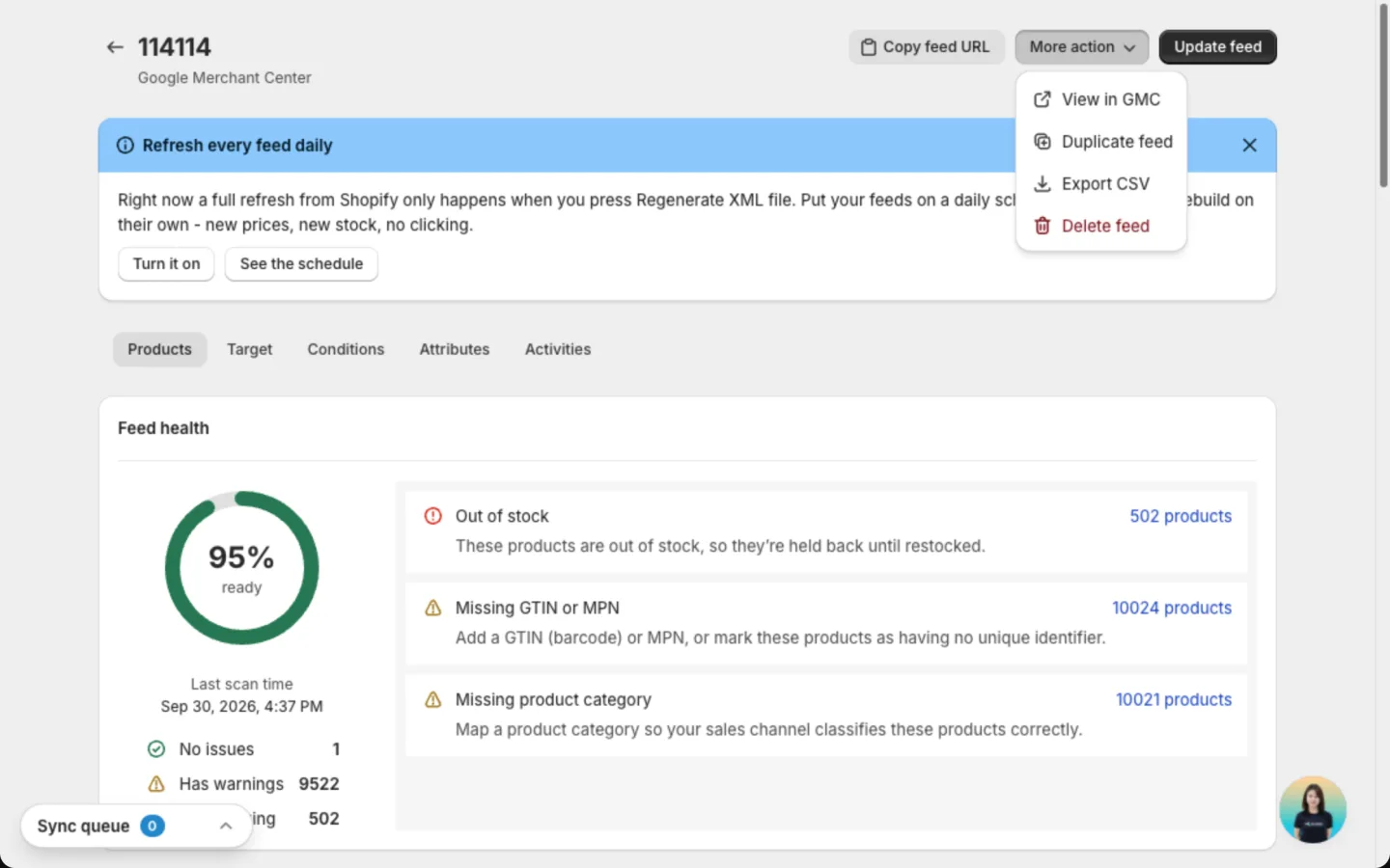 More action menu open with View in GMC, Duplicate feed, Export CSV and Delete feed