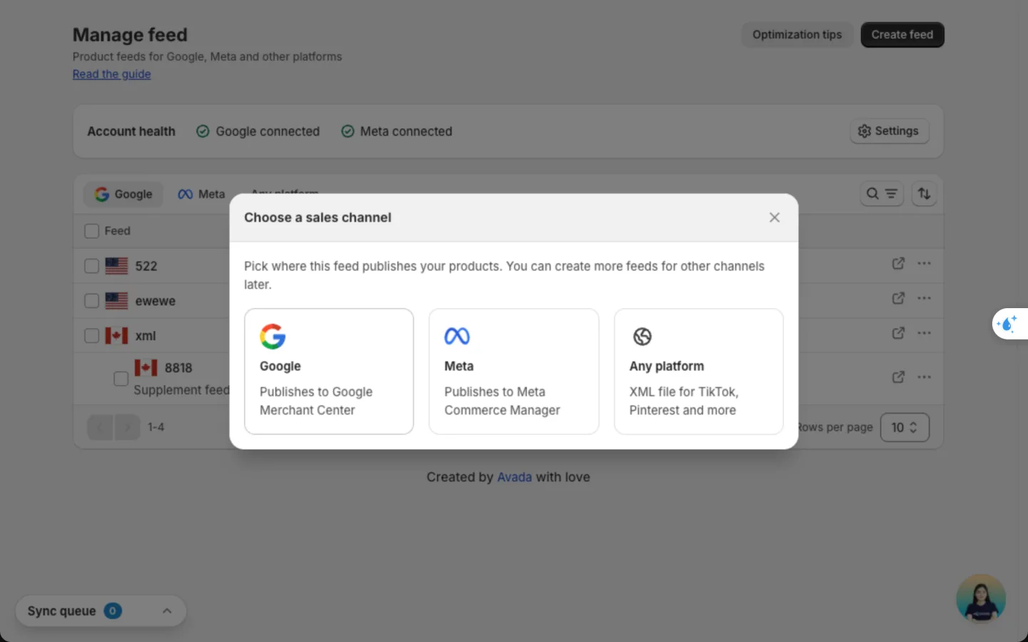 Choose a sales channel dialog with the Google option