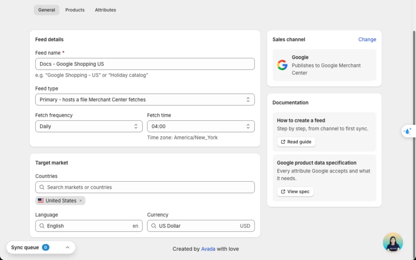 General tab with Feed details, the daily fetch schedule and the United States, English and US Dollar market