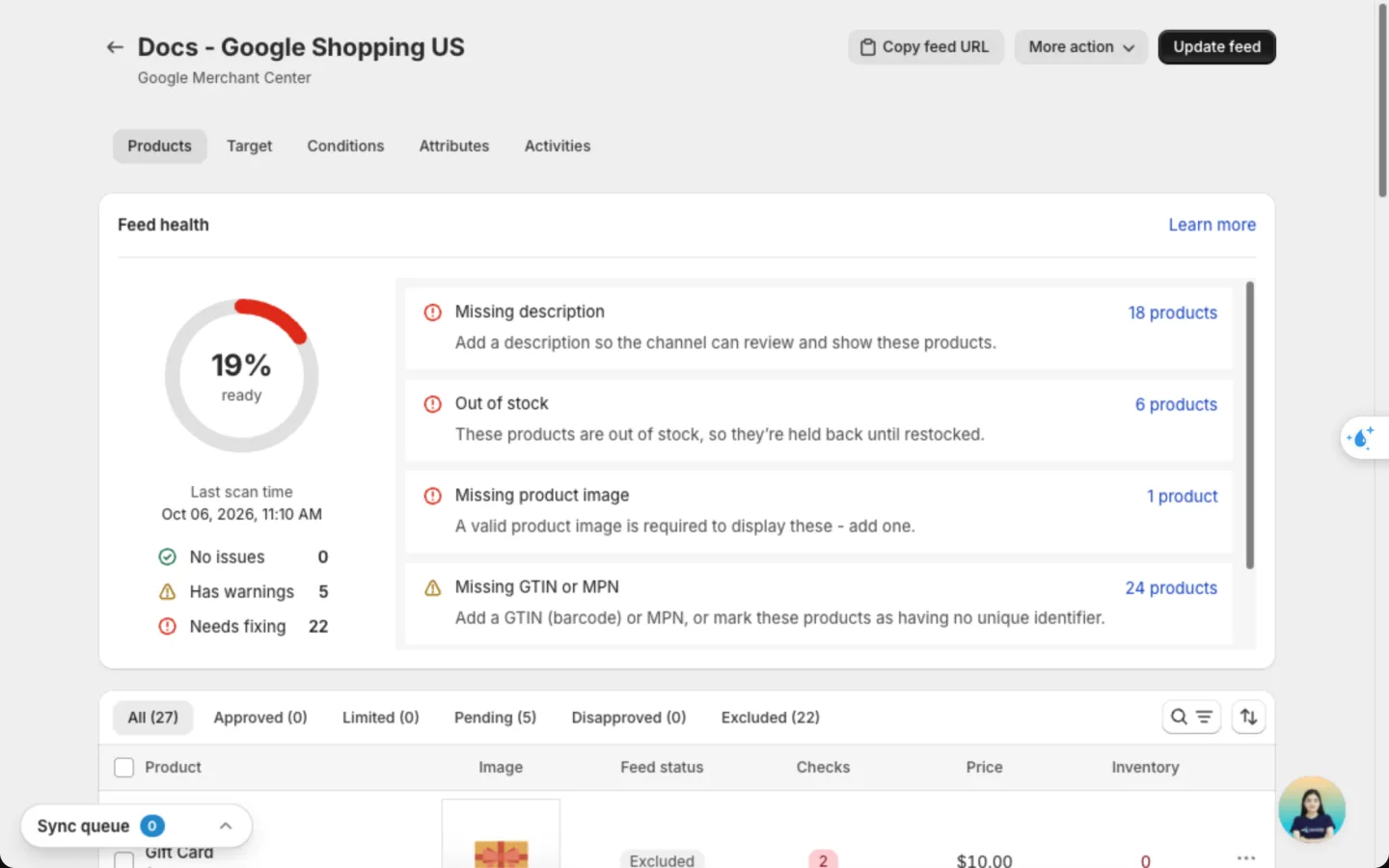 Feed page with Feed health, the top issues and the product status tabs