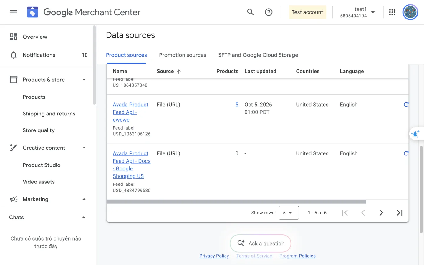 Merchant Center Data sources list with the new Docs - Google Shopping US feed