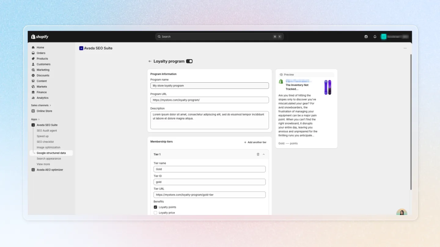 Loyalty program configuration — program information and membership tiers with live preview