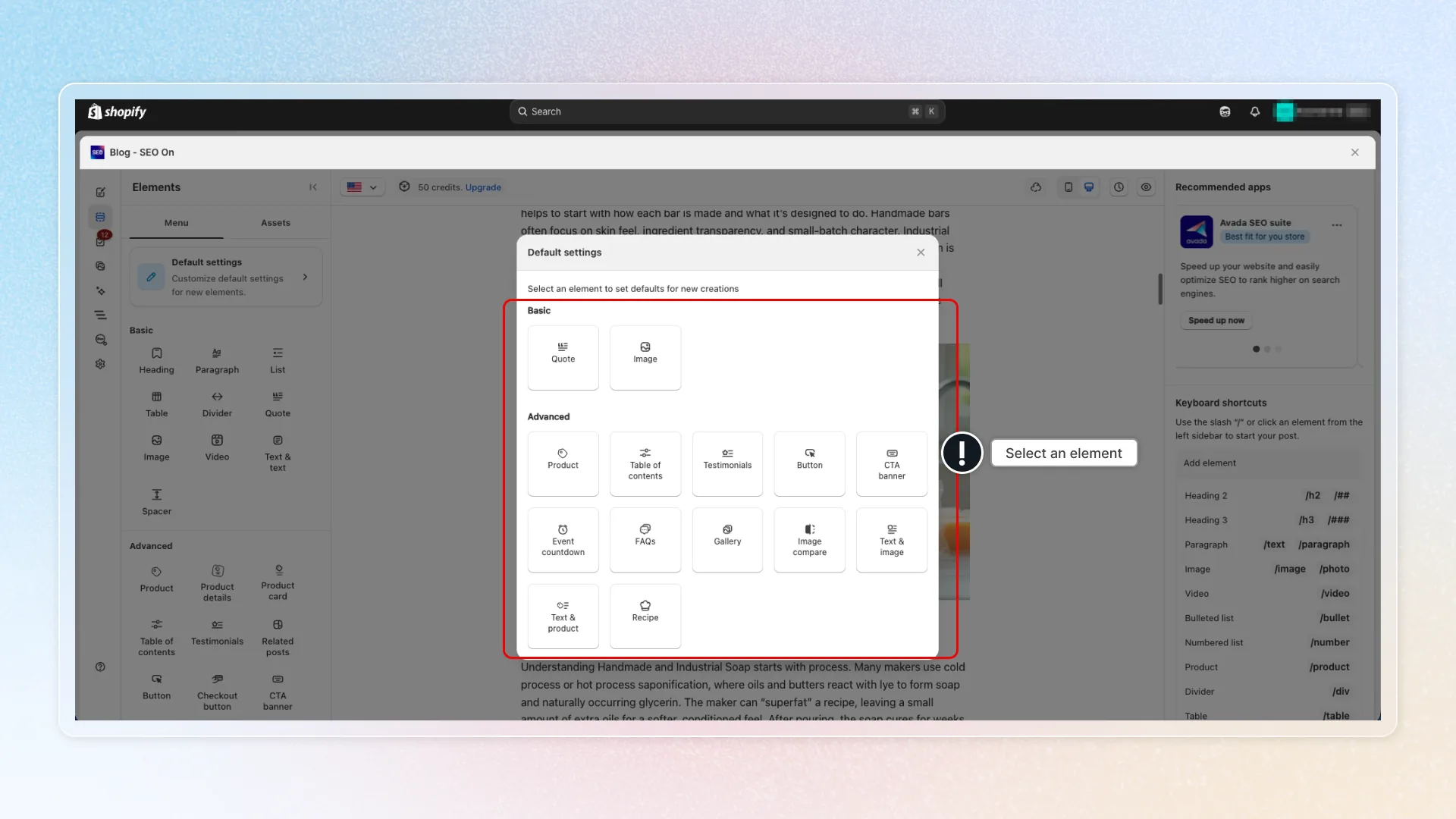 Default settings — modal