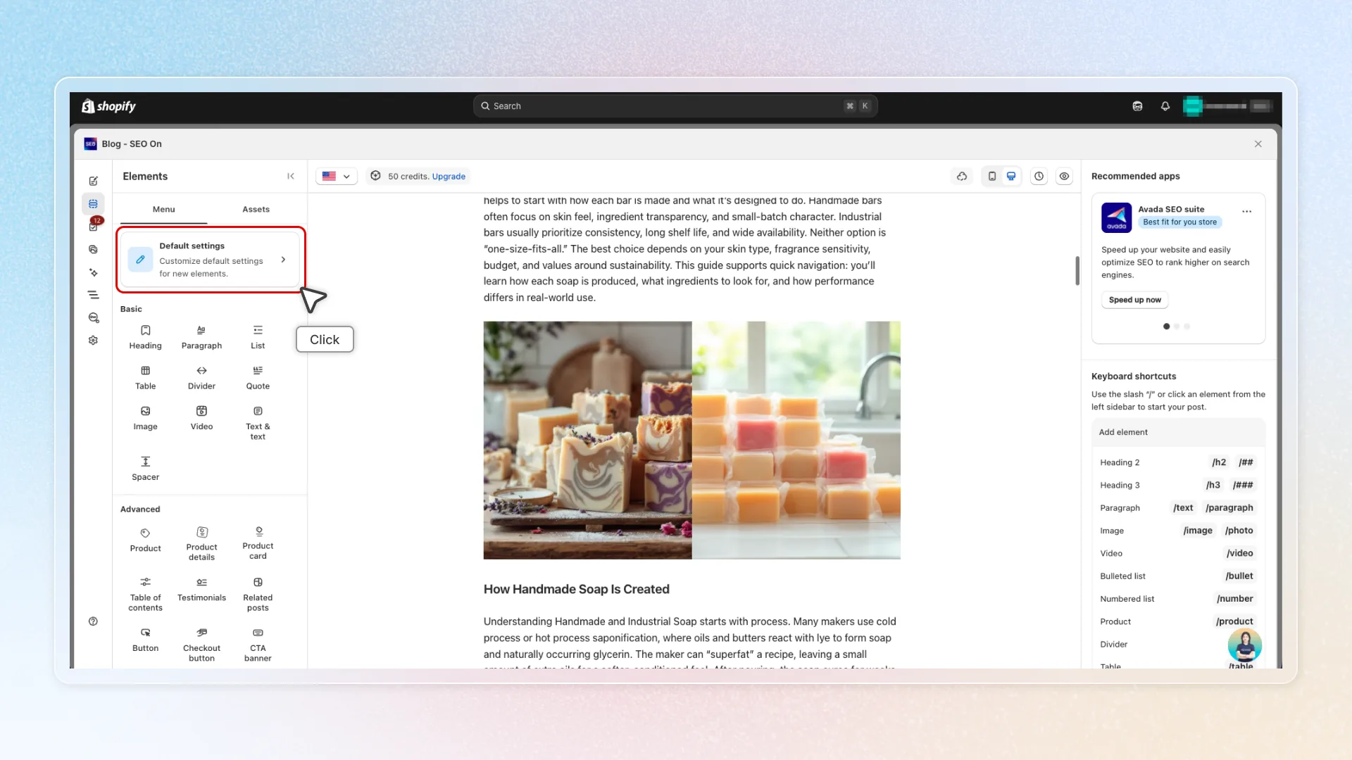 Default settings — Elements sidebar