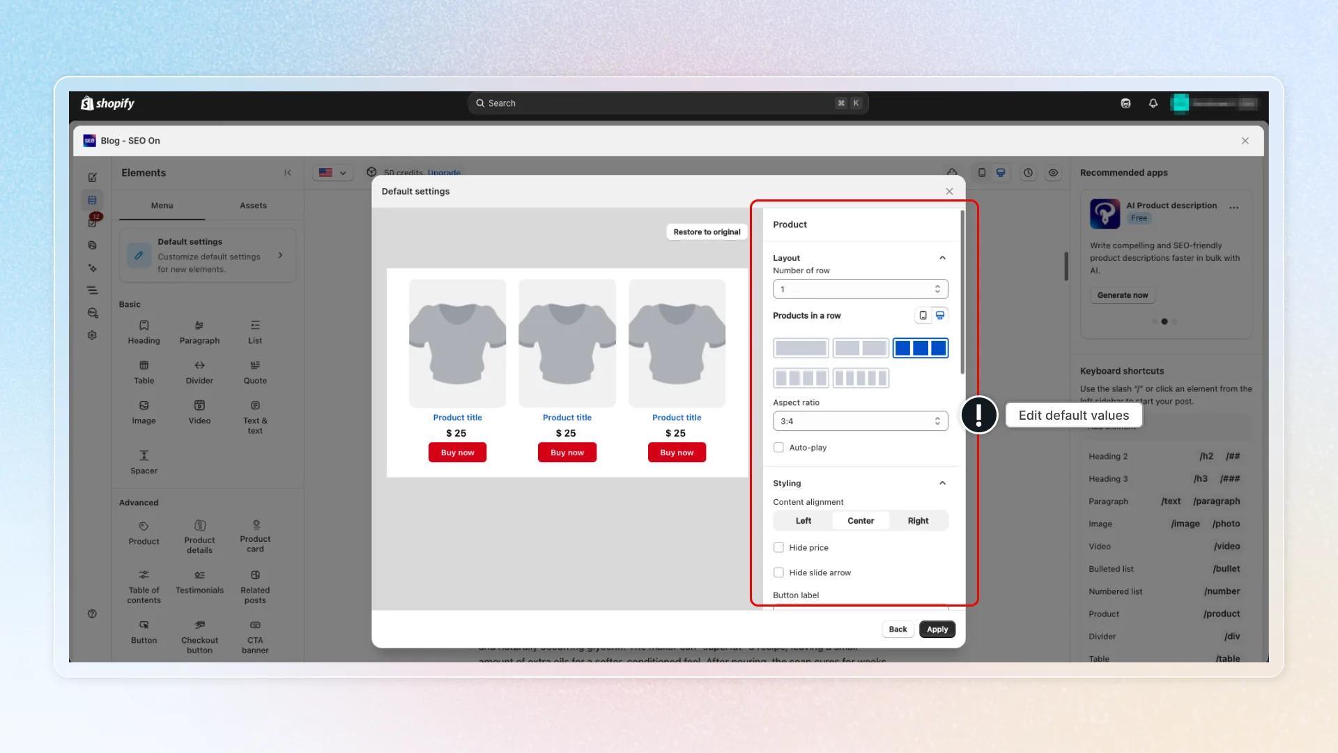 Default settings — pick element