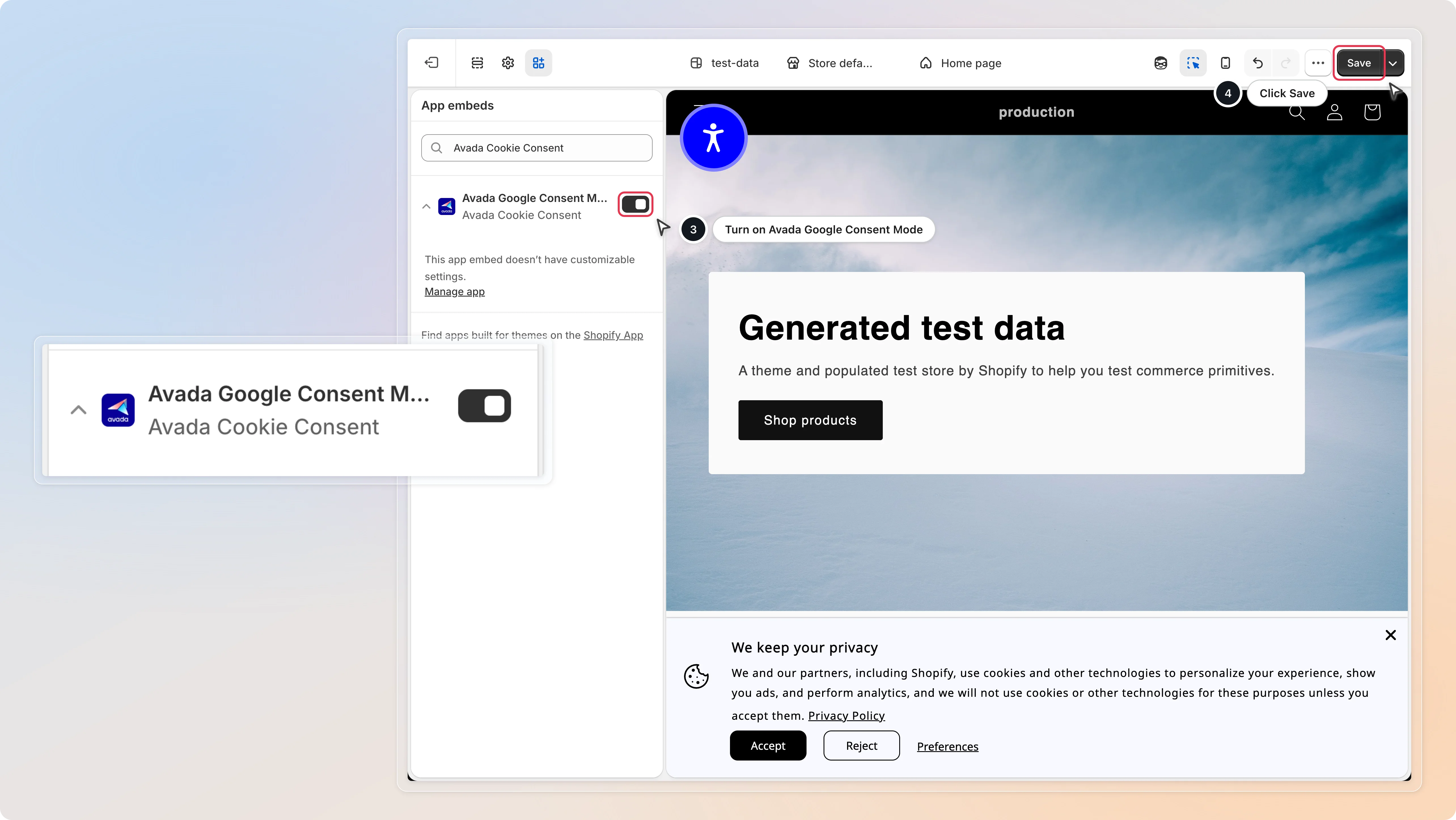 Turn on Avada Google Consent Mode in App embeds