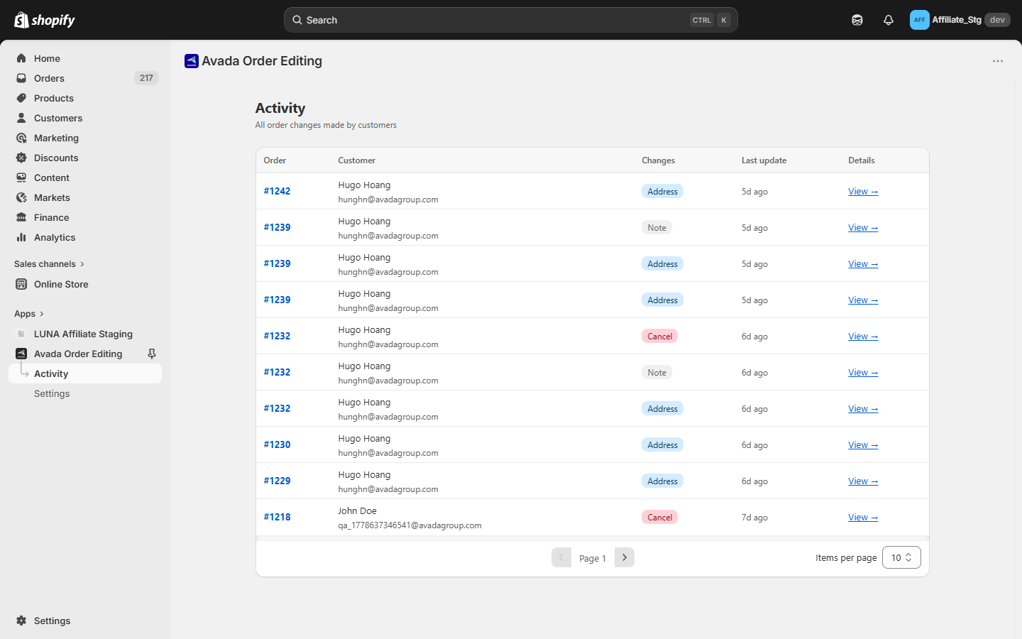 Activity page listing every customer edit and cancellation
