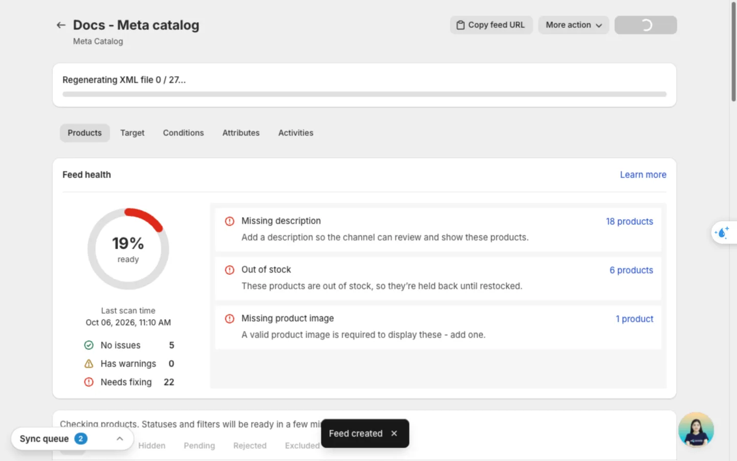 Feed page right after saving, with the Feed created message and the file being built