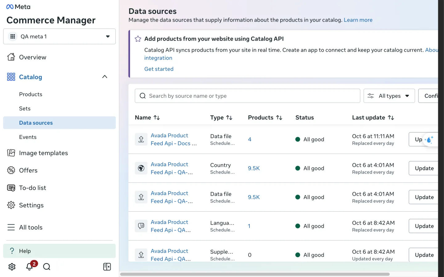 Meta Commerce Manager Data sources list with the new feed