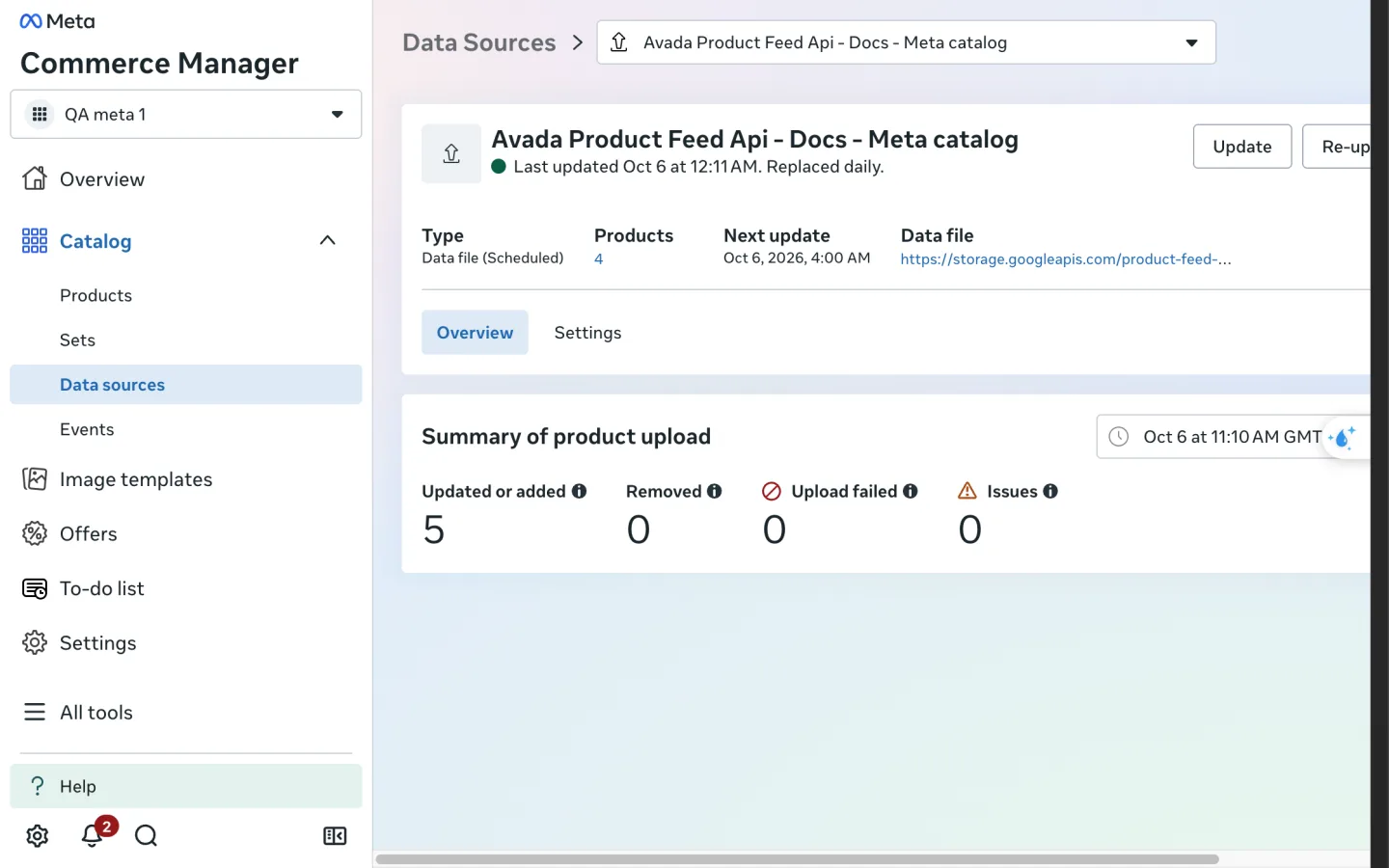 Data source page with Products, Next update and the Summary of product upload