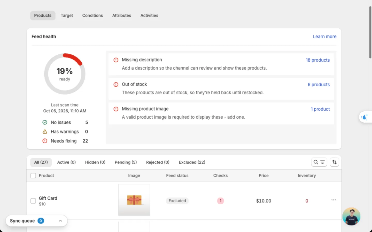 Meta feed page with Feed health and the Active, Hidden, Pending, Rejected and Excluded tabs
