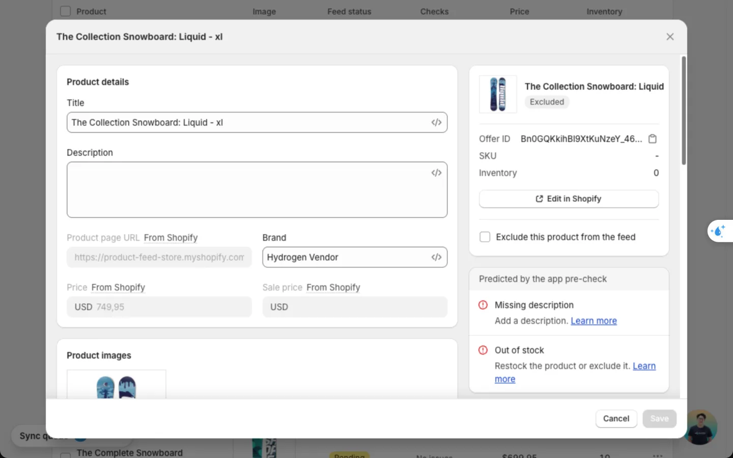 Product window for an excluded product, with Missing description and Out of stock under Predicted by the app pre-check