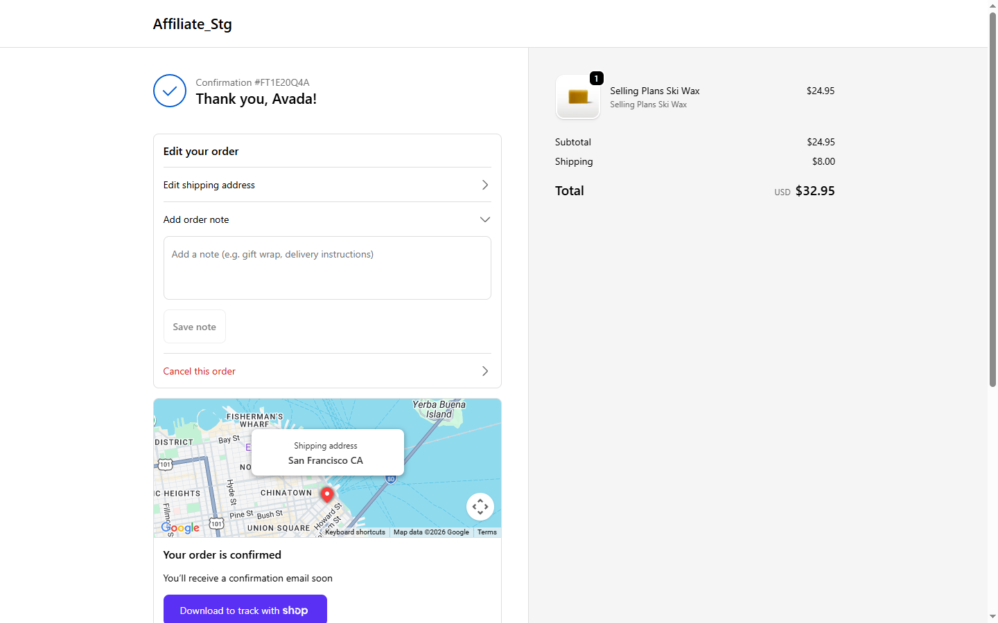 Add order note expanded with a text area and Save note button