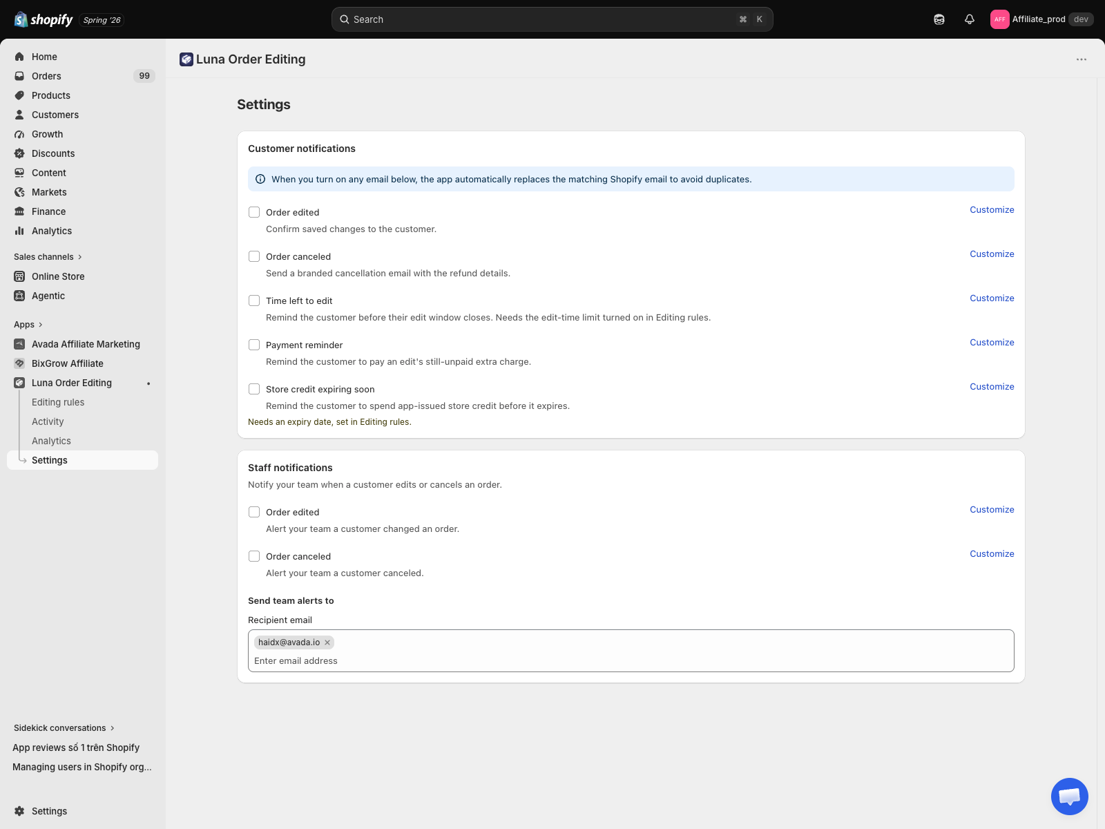 The Settings page, with customer and staff notification rows