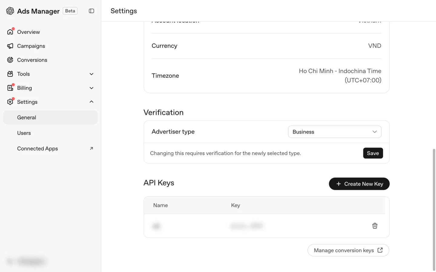 ChatGPT Ads Manager settings with the API Keys section and the Create New Key button