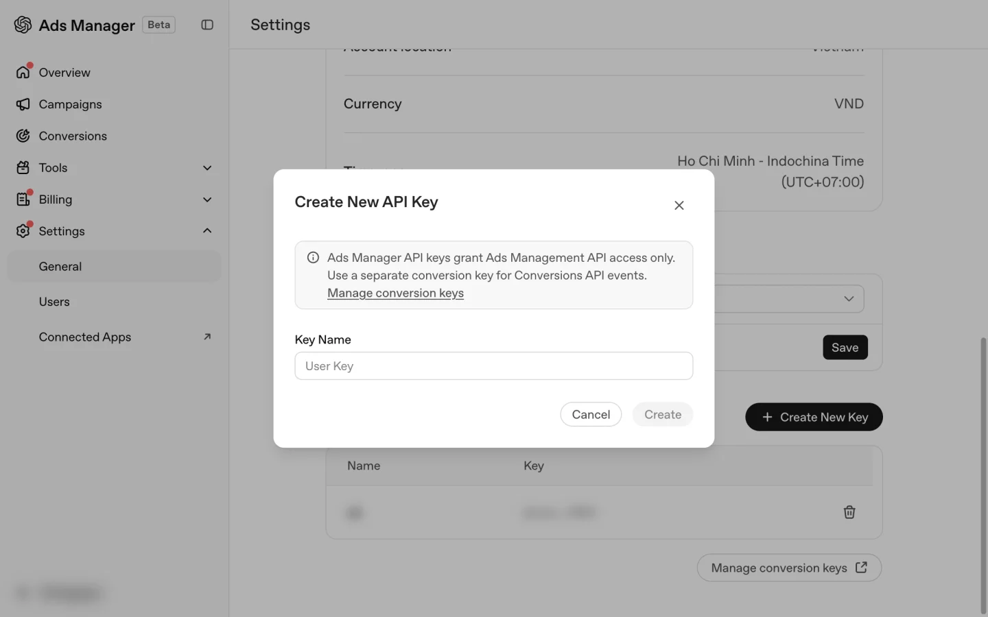 Create New API Key dialog in Ads Manager with the Key Name field