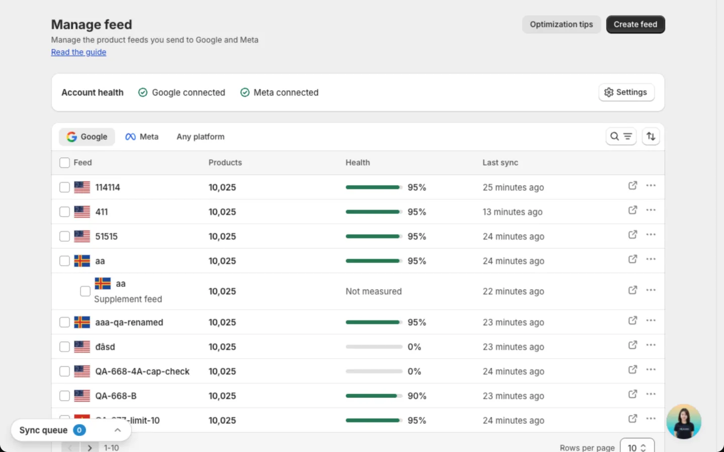 Manage feed list on the Google tab, with each feed's market flag, a supplement feed under its main feed, and the Products, Health and Last sync columns