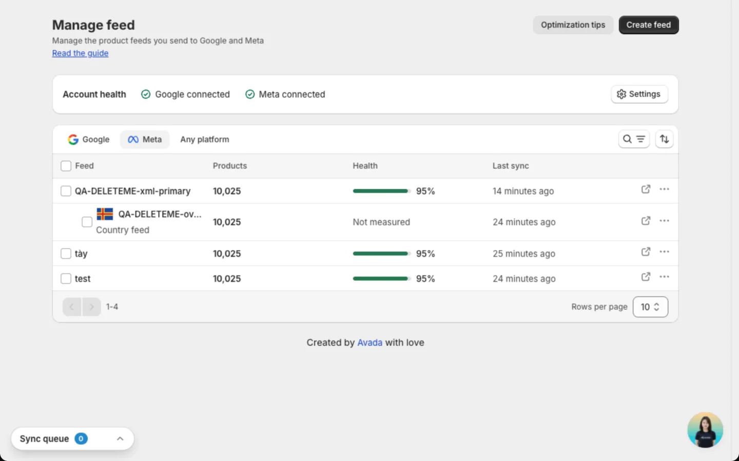Manage feed list on the Meta tab, with a country feed and its flag sitting under the main feed