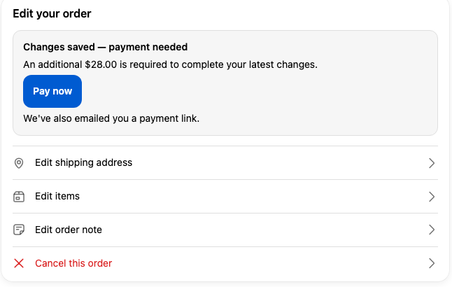 Pay now panel inside the Edit your order card