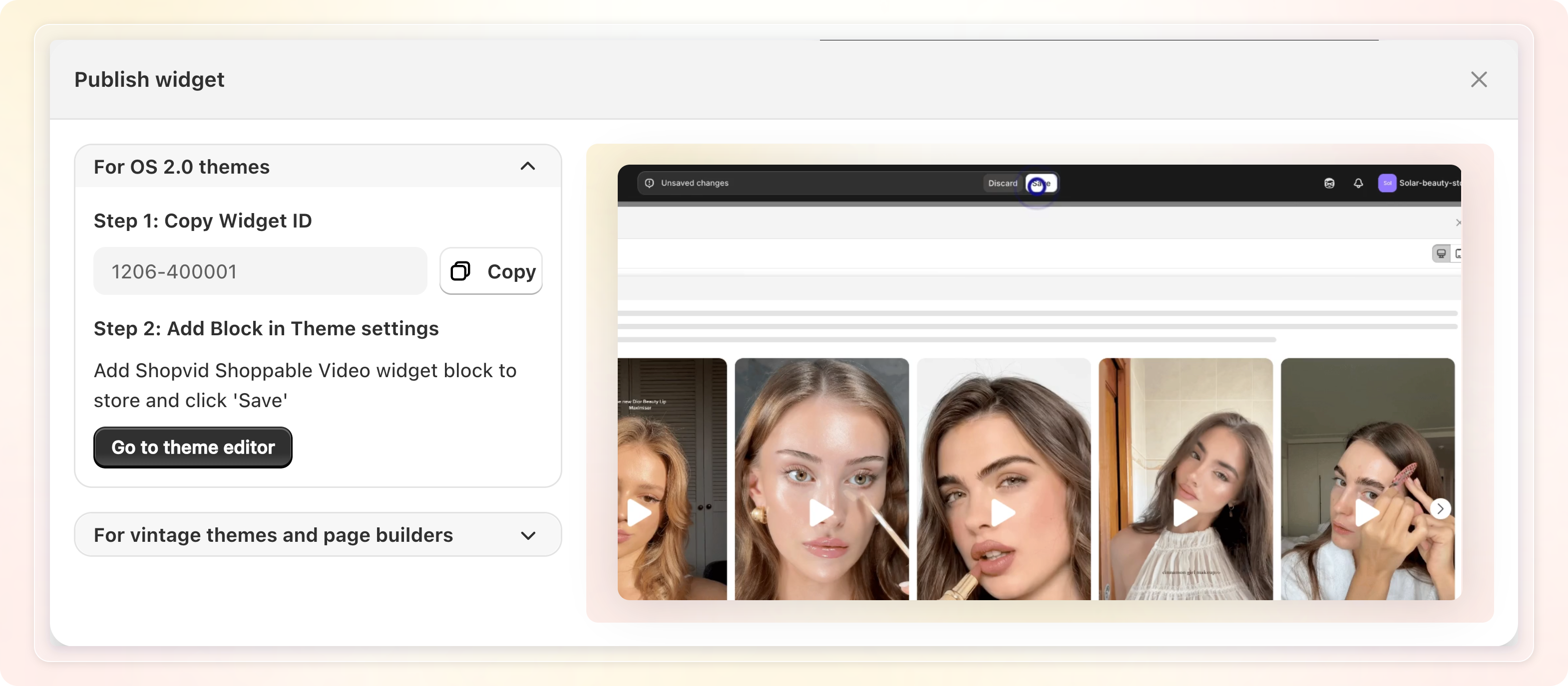 The Publish widget window showing the OS 2.0 theme steps