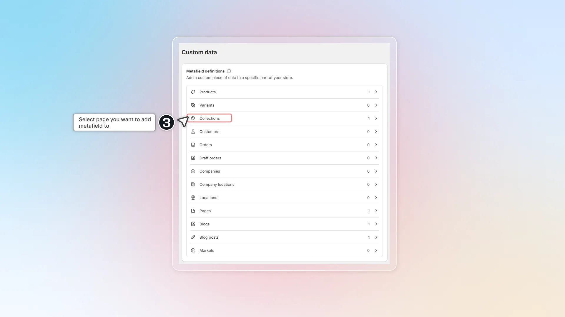 Select page to add metafield to