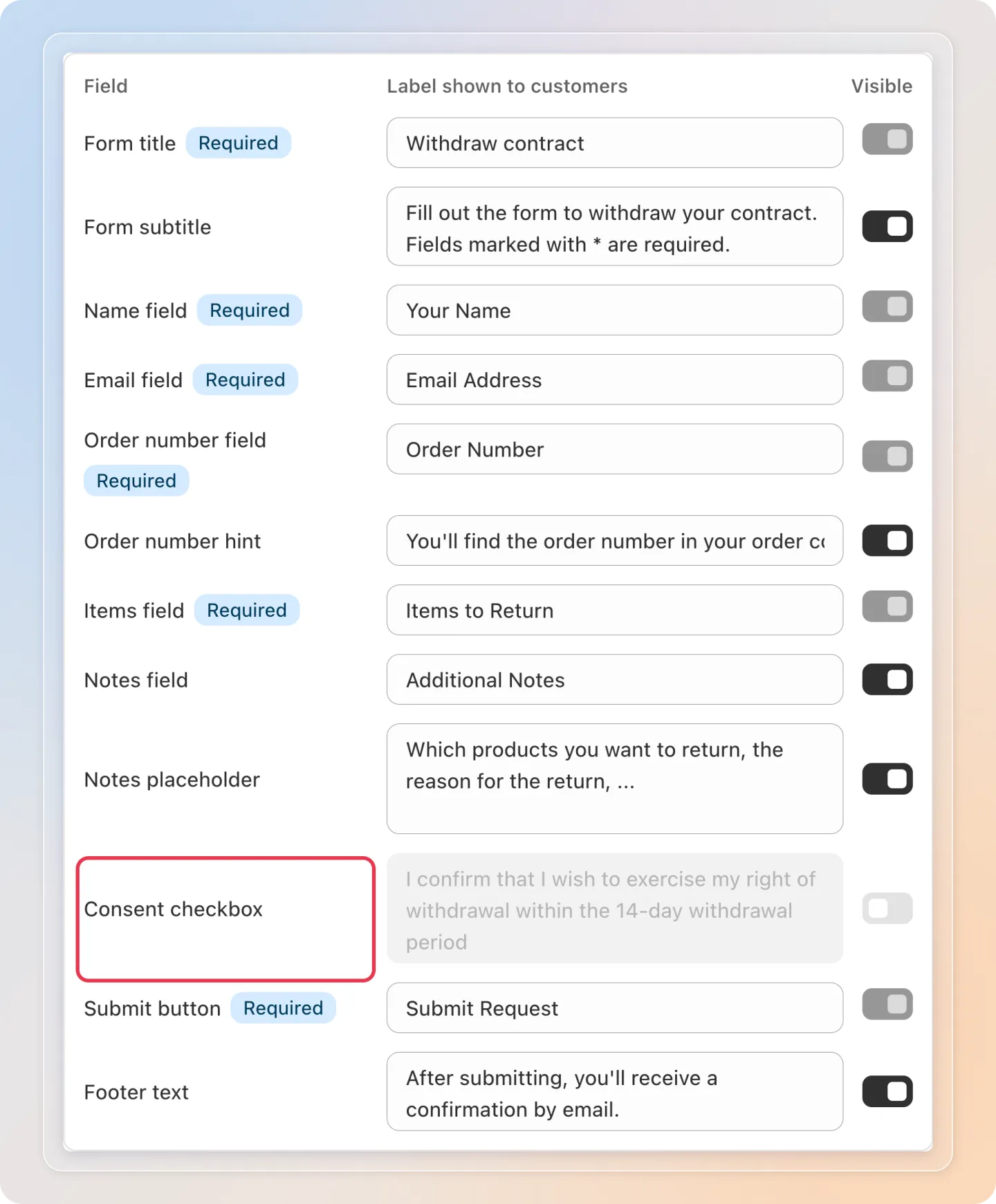 Consent checkbox turned on in the Form field labels table