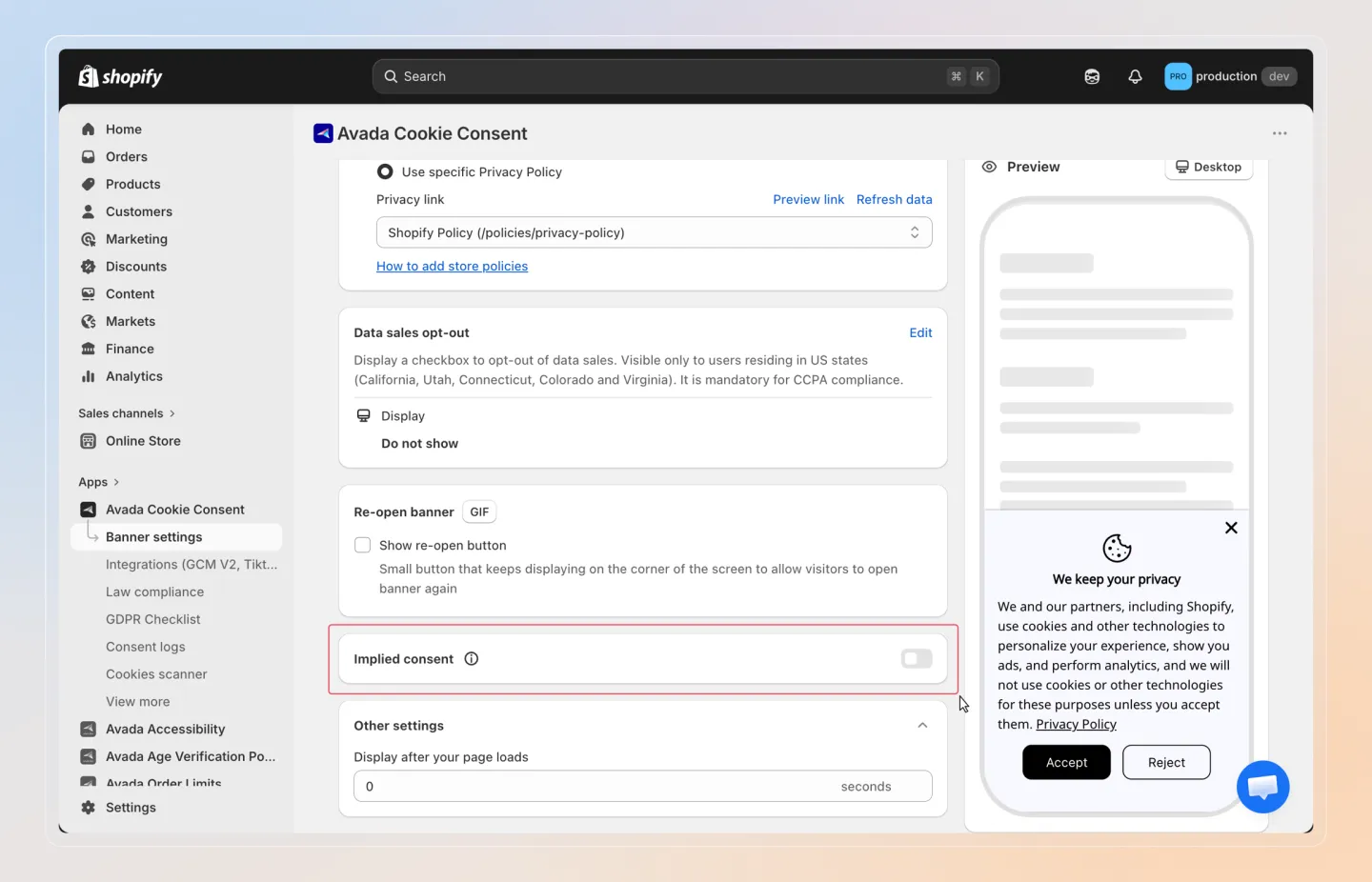 Open implied consent settings