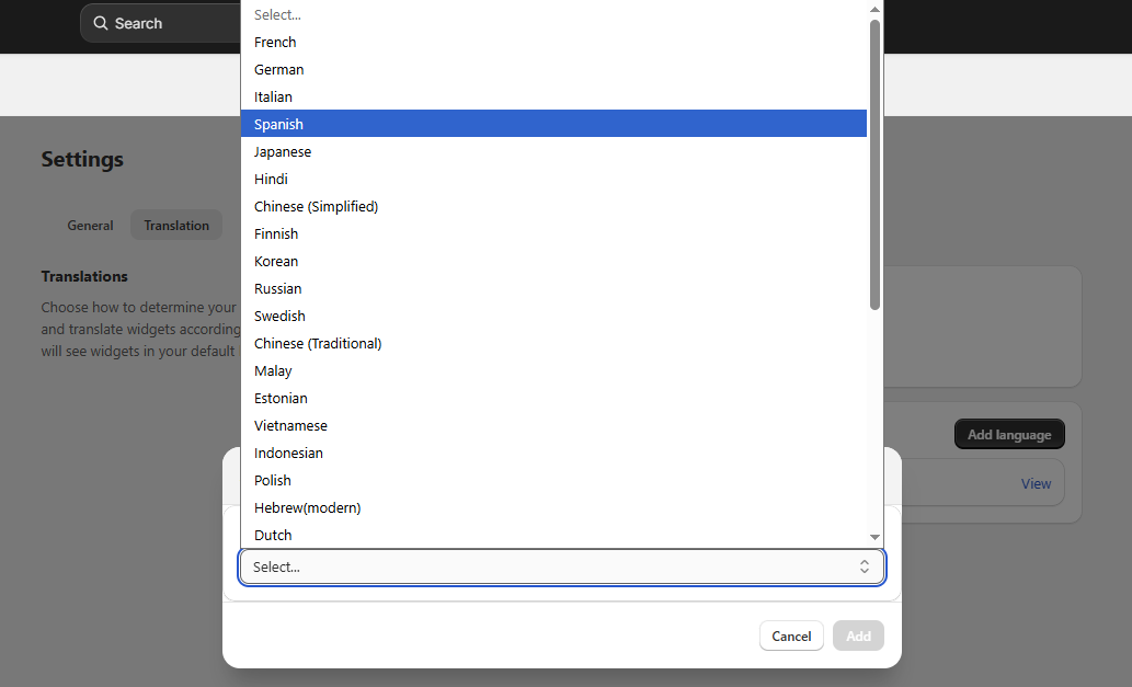 Add language dropdown in the Translation tab