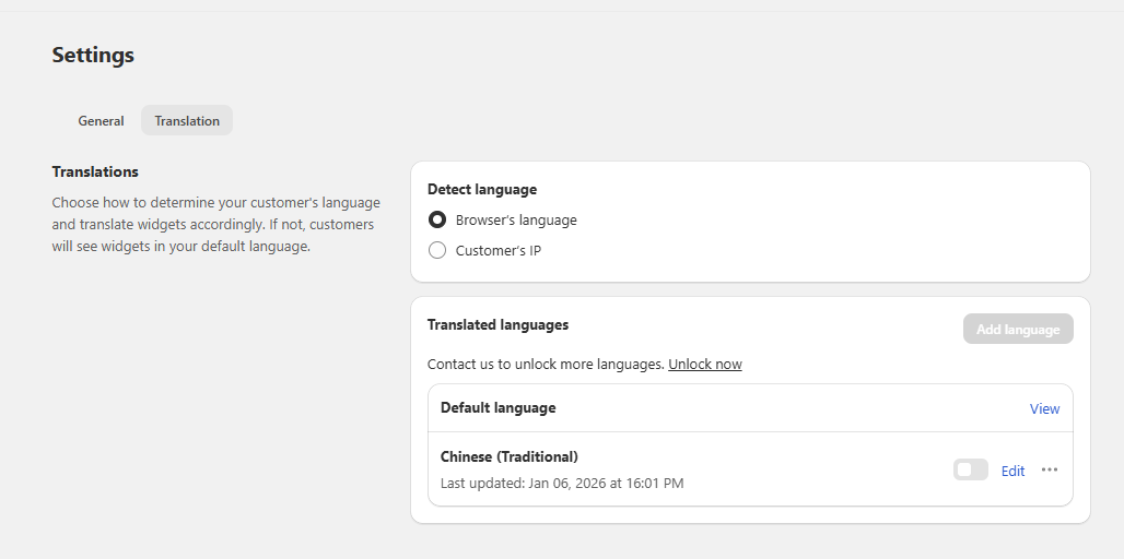 Language detection options in the Translation tab