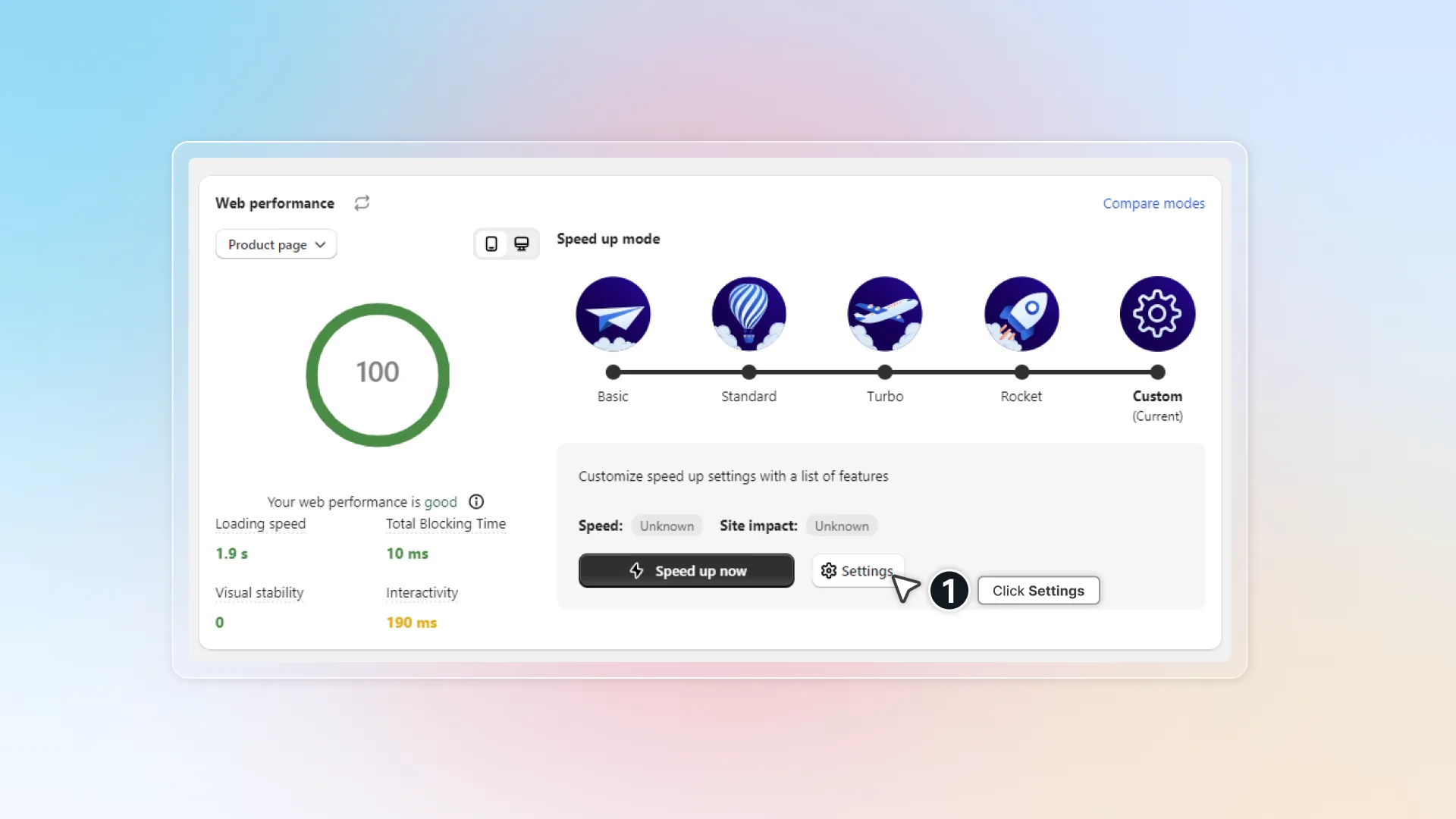 Settings in customized mode