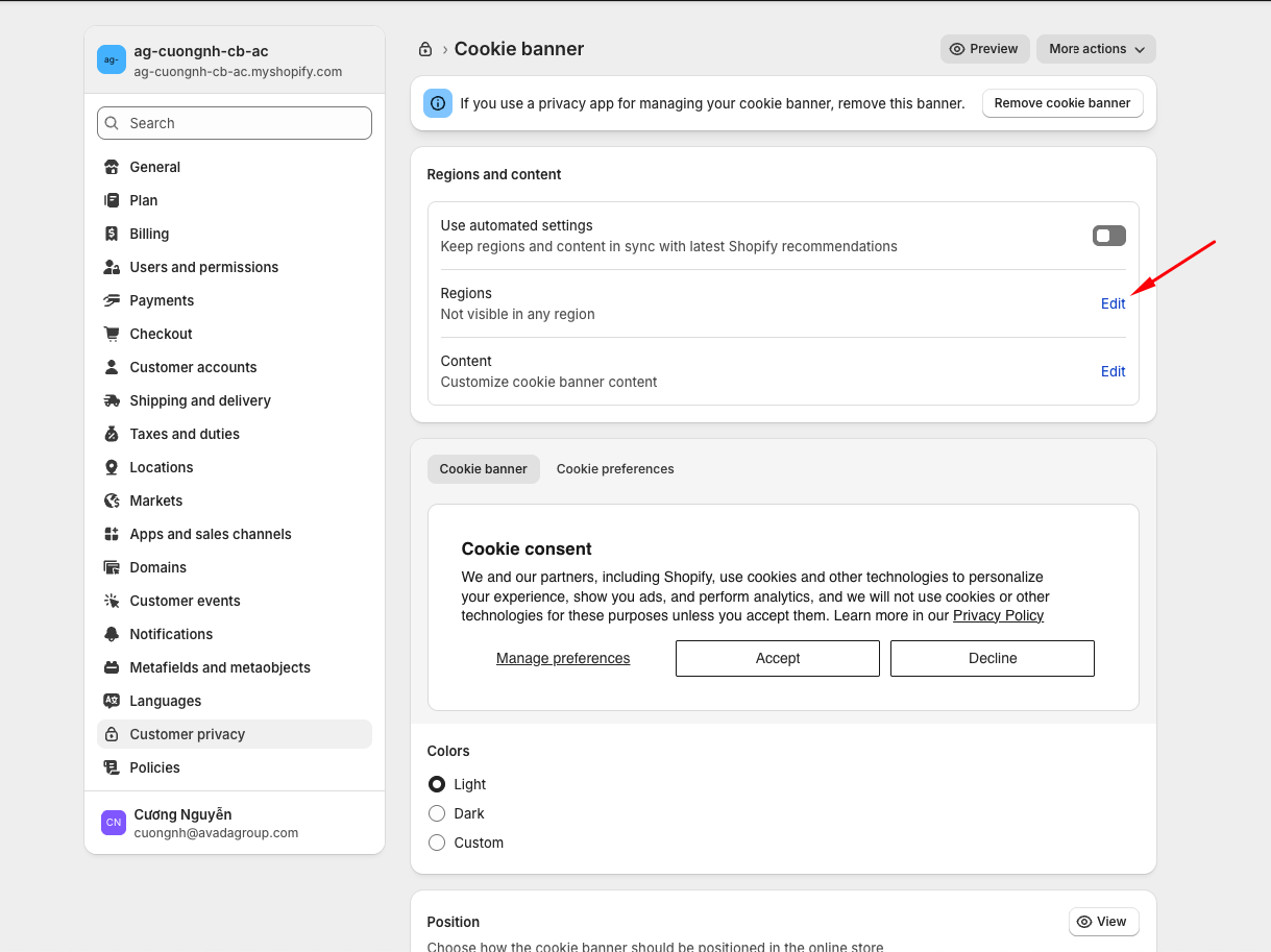 Cookie banner section in Shopify settings