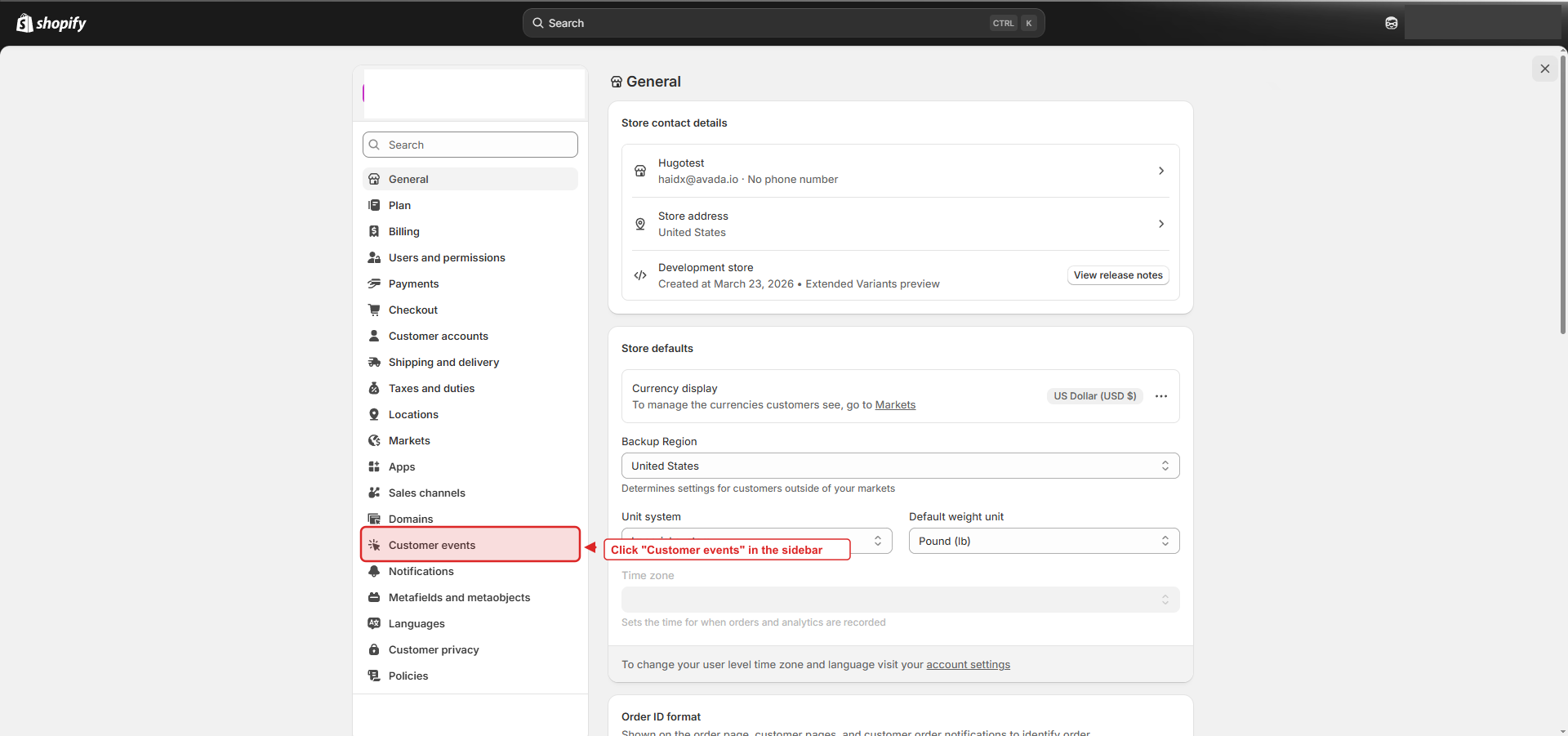 Shopify admin Settings page