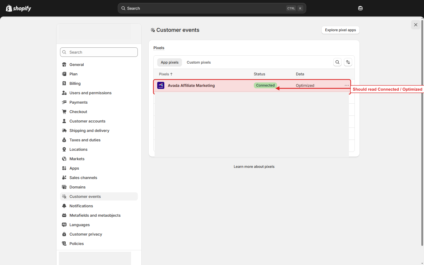 Customer events page showing the Avada Affiliate Marketing pixel as Connected