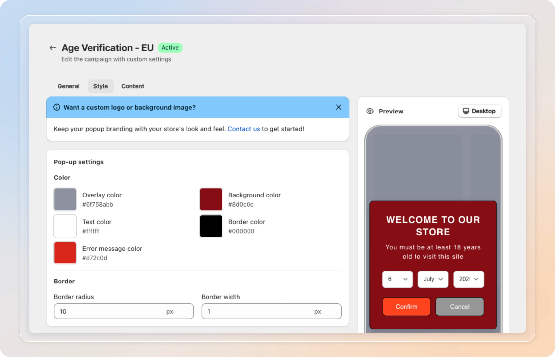 The Style tab: pop-up settings