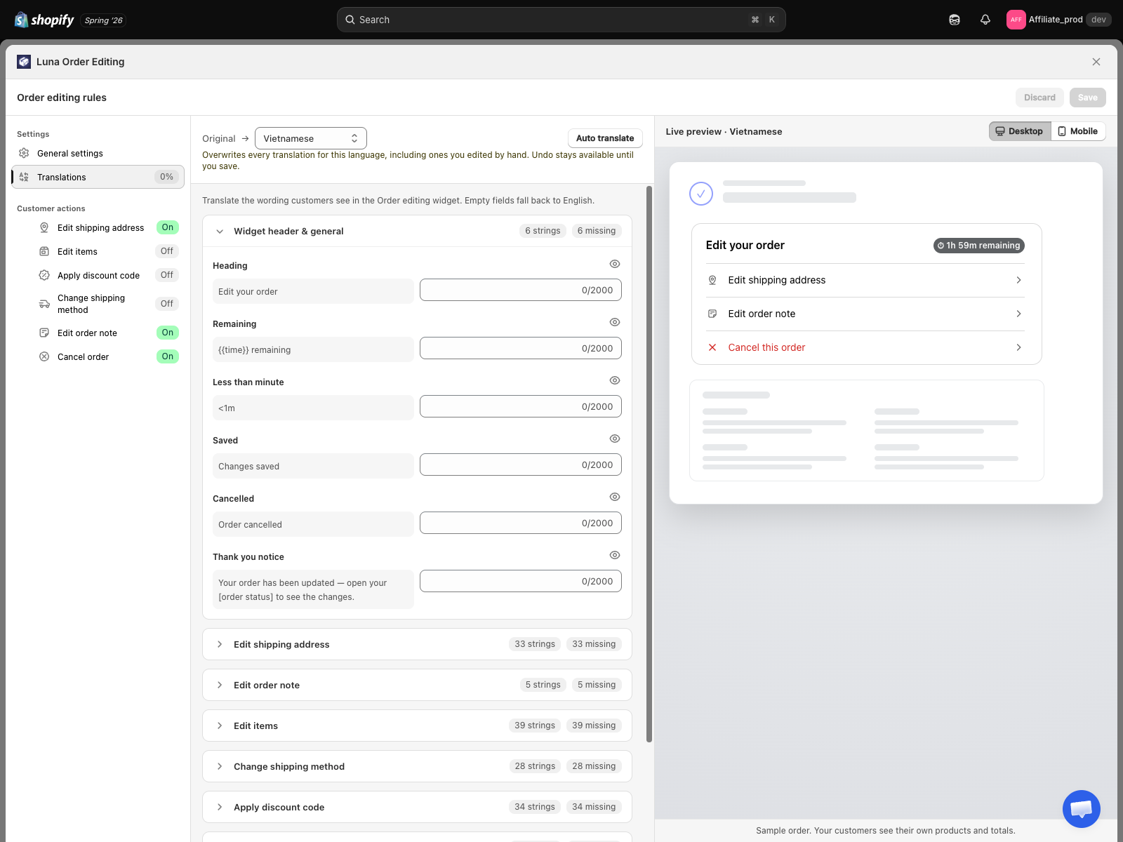 The Translations panel, with the language bar, the nine string groups, and the live preview